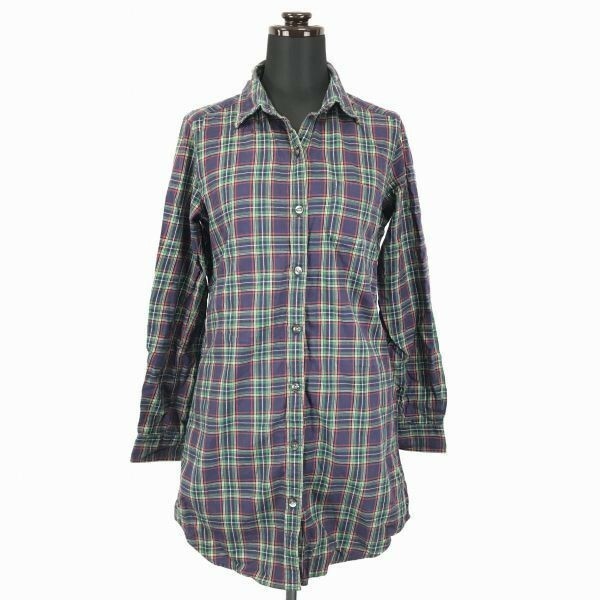 UNIQLO flannel★コットン/長袖シャツワンピース【レディースS/紺/ネイビー/チェック柄】◆BG147