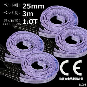 ナイロンスリングベルト 幅25mm×3m【4本】紫 耐荷1000kg CE規格品 荷吊りベルト ベルトスリング/12χ