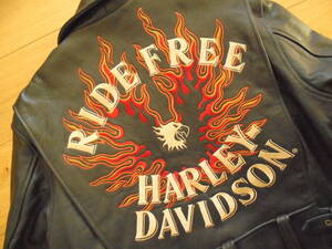 送料無料 ハーレーダビッドソン Harley-Davidson 40287 ファイヤーパターン 刺繍 本革レザー シングルライダースジャケット M ブラック