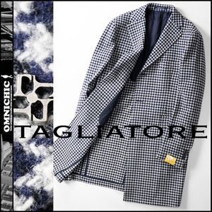 贅沢ネイビーハウンドトゥース！カシミヤ混ウール■新品14.5万【TAGLIATORE】EXCLUSIVE GARMENTタリアトーレ千鳥格子チェスターコート52/XL