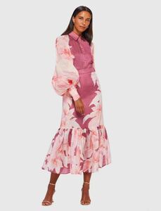 レディーストップス　長袖シャツ　スカート2点セット　バブルスリーブブラウス　マーメイドスカート尾裙 素敵花柄Ｌサイズ