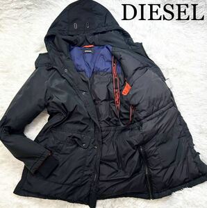 極美品★幻のXL-XXL★最高傑作!極暖!DIESEL ディーゼル 艶感リアルダウンジャケット 高機能ポータブル ロングコート ロゴパッチ 黒ブラック