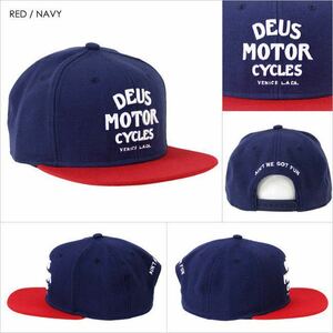 新品★完売★DEUS EX MACHINA デウス エクス マキナ★MOTOR CAP DMA67750 スナップバックキャップ 刺繍ネイビー×レッド