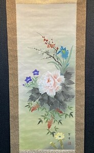 【真作】田村翠華 「四季草花図」絹本共箱 四季花 検)四君子 小禽/書画/掛け軸/中国/山水/日本画/花鳥//小鳥/水墨/草花