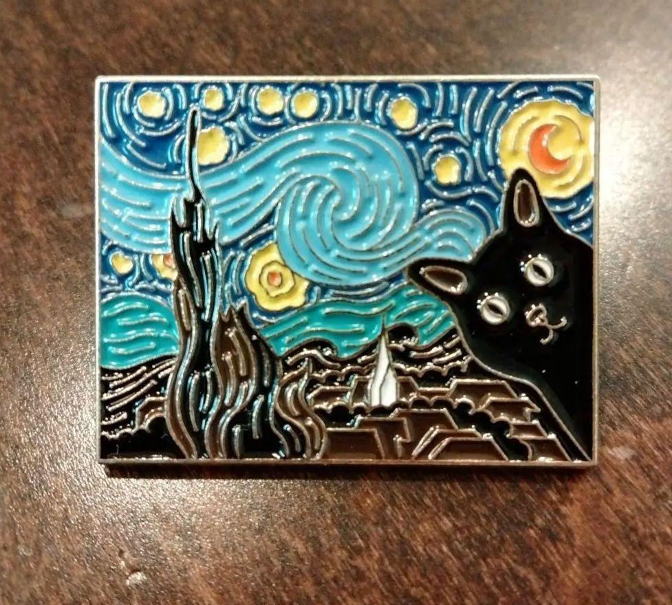 Pintura de gato negro ③ Insignia de pin de noche estrellada Gato Gato Museo de arte Parodia cuadrada Plaza, bienes varios, pin insignia, otros