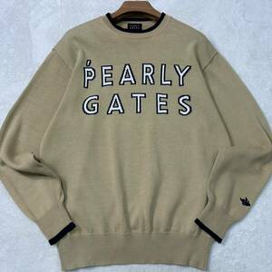 極美品●PEARLY GATES パーリーゲイツ デカロゴ ハイゲージ クルーネック セーター ニット ベージュ 日本製 M相当 メンズ ゴルフウェア