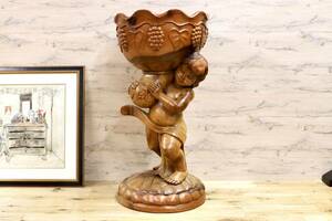 GMGT218○木彫花台 彫刻細工 オブジェ イタリア 西洋 アンティーク 装飾 子供 置物 樫の木 美術品