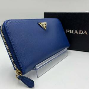 1円【付属品有】PRADA プラダ 長財布 ラウンドファスナー ジッピーウォレット 三角ロゴ サフィアーノレザー 本革 ネイビー メンズ 男女兼用