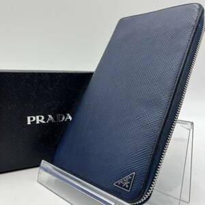 1円【希少】PRADA プラダ 長財布 オーガナイザー 大容量 ファスナー ジップ 三角プレート サフィアーノレザー ネイビー ブラック メンズ