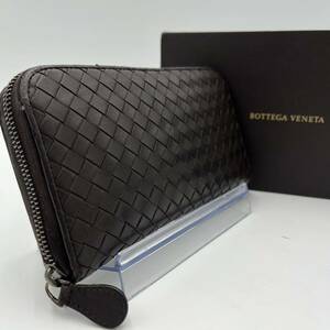 1円 【入手困難】BOTTEGA VENETA ボッテガヴェネタ 長財布 イントレチャート ラウンドウォレット レザー ダークブラウン メンズ 男女兼用