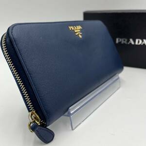 1円【付属品有】PRADA プラダ 長財布 ラウンドファスナー ジッピーウォレット ロゴ サフィアーノレザー 本革 ネイビー メンズ 男女兼用