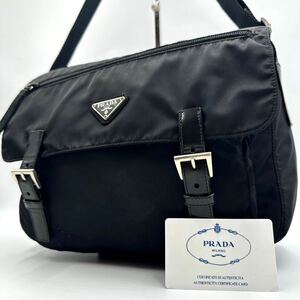 1285【極美品 廃盤】PRADA プラダ メッセンジャーバッグ ショルダーバッグ テスートナイロン 三角ロゴプレート ベルト レザー 斜め掛け 黒