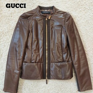 1-12【高級】GUCCI グッチレザージャケット本革羊革GG柄ゴールド金具 ライダースジャケットサイズ36 S相当イタリア製