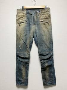 初期☆[BALMAIN HOMME] DIRTY BIKER DENIM ダーティ加工 インディゴバイカーデニムパンツ 28 イタリア製 白タグ バルマン