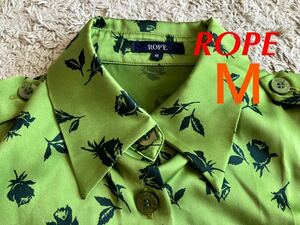 Ｍサイズ　ROPE ロペ　グリーン×ローズ柄（紺）長袖シャツ　ポリエステル100%