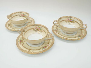 R-074115　オールドノリタケ　NORITAKE　金彩　エレガントな雰囲気を醸し出すスープカップ&ソーサー3客セット(花、フラワー、C&S、洋食器)