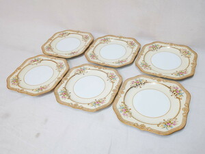 R-074124　オールドノリタケ　NORITAKE　金彩　洗練されたフォルムが優雅な雰囲気を醸し出すプレート6枚セット(花、フラワー、皿、洋食器)