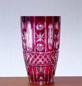 Bohemia ボヘミア CZECHO SLOVAKIA チェコスロバキア製 24pbo レトロ カットガラス 花瓶 フラワーベース 中古 送料無料 即決
