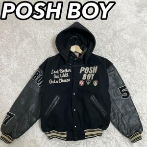 POSHBOY ポッシュボーイ スタジャン ブルゾン パーカー ジャケット 牛革 本革 皮 リアルレザー ワッペン 切替 ドッキング フード付