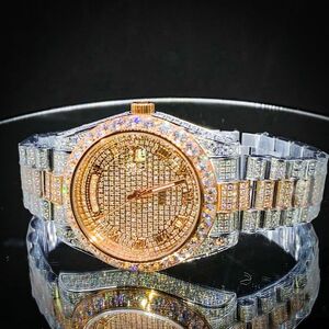“VVS級の輝き!!” 全面ストーンセッティング スイス 自動巻 メンズ腕時計 2トーン ピンクゴールド