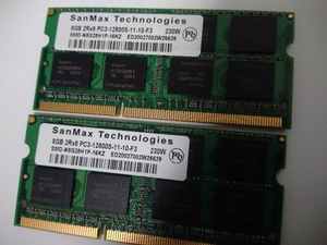 合計16GB（8GB×2枚)　PC3-12800S　SanMax販売 hynix chip　揃い　≪管【1.5v-09a】≫ 