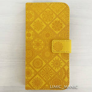 訳あり iPhone 13 / 14 ケース スマホ 手帳型 カードケース イエロー 黄色 エスニック風 曼荼羅模様 アイフォン