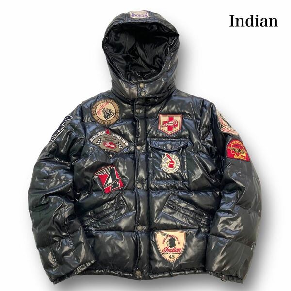 【Indian Motorcycle】インディアンモトサイクル フルデコ ダウンジャケット ワッペン刺繍 フード脱着 黒 ブラック 片面ポケット (XL)
