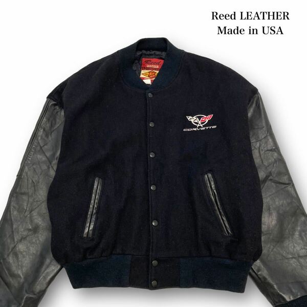 【Reed leather】USA製 袖レザースタジャン シボレーコルベット アワードジャケット バーシティジャケット 袖革 刺繍ロゴ 黒 ブラック (2X)