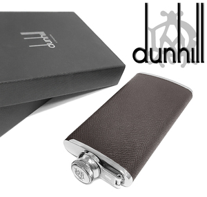 [ unused super-beauty goods ] Dunhill dunhill hip flask flask bottle flask flask portable 4 ounce stainless steel leather Brown silver box attaching 