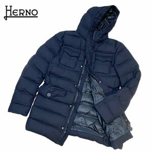 正規品 HERNO ヘルノ POLAR-TECH DOWN COAT JACKET ウール ナイロン フーデット ダウンジャケット コート ロゴ 48 ネイビー