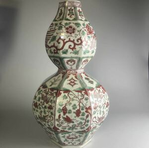 中国 瓢箪形 花瓶 色絵 五彩 磁器 高さ約51cm 壺 壷 花瓶 粉彩 陶磁器 中国美術 骨董古美術品