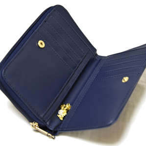 新品 フクロウ 財布 レザー 二つ折り ファスナー ネイビー 縁起 未使用 紺 福財布 合皮の画像4