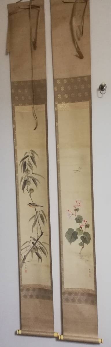 Hanging scroll Takebe Hakuho Chestnut Bird Picture and Begonia Picture Pair of Scrolls Painting by painter from the Meiji and Showa periods, Osaka Shijo School, disciple of Nishiyama Kan'ei, Artwork, Painting, Ink painting