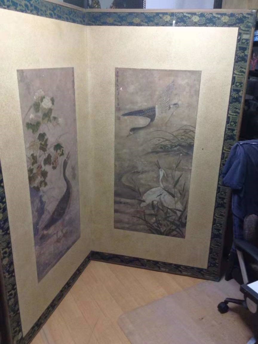 Valuable curiosities Yuan Dynasty ancient paintings Ruinan Zhouzhi vine Feming food inn Wild geese flower ancient paintings Handwritten Noban family Mongolian answer Lu Noban family book (Fuke pasted wood) Seal A pair of folding screens, artwork, painting, Ink painting