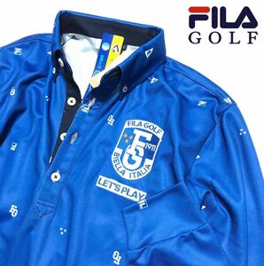 新品【メンズLL(XL)】青 FILA GOLF フィラ ゴルフ 吸汗速乾 UV CUT ストレッチ 飛び柄 ボタンダウン長袖ポロシャツ　