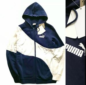 ◎051新品【メンズM】紺白 プーマ スウェット ゴルフにオススメ パーカー アップ ジャージ 裏起毛 PUMA POWER キャット スポーツウェア