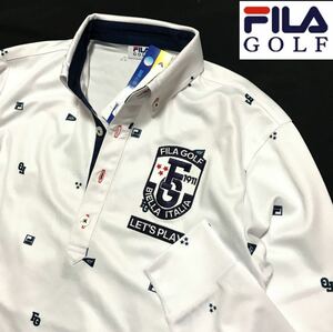 △058新品【メンズLL(XL)】白 FILA GOLF フィラ ゴルフ 吸汗速乾 UV CUT ストレッチ 飛び柄 ボタンダウン長袖ポロシャツ　