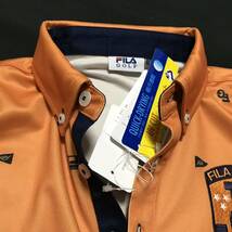 新品【メンズL】オレンジ FILA GOLF フィラ ゴルフ 吸汗速乾 UV CUT ストレッチ 飛び柄 ボタンダウン長袖ポロシャツ　_画像2