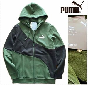 ◎021新品【メンズXL】カーキ プーマ スウェット ゴルフにオススメ パーカー アップ ジャージ 裏起毛 PUMA POWER キャット スポーツウェア