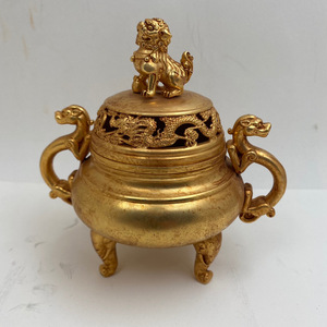 ▽鴻▽ 銅製 塗金 雙龍耳 獅蓋三獣足熏香炉 置物 古賞物 中国古玩 中国古美術