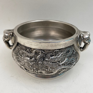 ▽鴻▽ 銅製 銀鍍 雙象耳 龍紋熏香炉 置物 古賞物 中国古玩 中国古美術