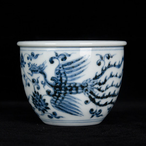▽鴻▽ 明 宣德年製款 古陶瓷品 青花 鳳紋 缸杯 置物 古賞物 中国古玩 中国古美術