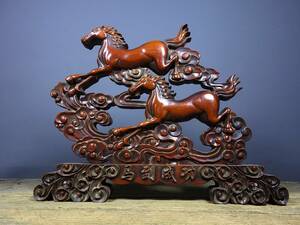 ▽鴻▽ 花梨木製 細密彫 馬到成功 置物 古賞物 中国古玩 中国古美術