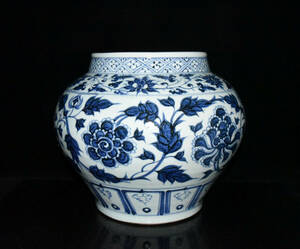▽鴻▽ 元 青花 牡丹紋罐 古陶瓷品 置物 古賞物 中国古玩 中国古美術