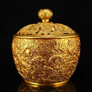 ▽鴻▽ 銅製 塗金 多寶嵌 盤龍紋罐 置物 古賞物 中国古玩 中国古美術