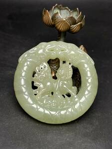 ▽鴻▽ 和田玉製 細密彫 麒麟才子紋 玉佩 置物 古賞物 中国古玩 中国古美術