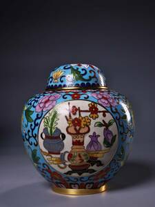 ▽鴻▽ 銅製 景泰藍 琺瑯彩 花瓶紋 蓋罐 箱付 置物 古賞物 中国古玩 中国古美術