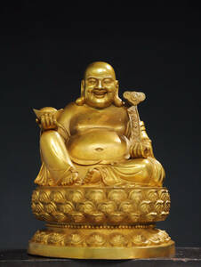 ▽鴻▽ 銅製 塗金 彌勒仏 置物 古賞物 中国古玩 中国古美術