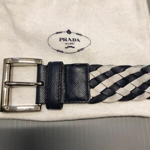 PRADA プラダ 編み込み メッシュ レザー ベルト イタリア製 ダークブルー/ホワイト系 サイズ100cm(40インチ) メンズ 保存袋付! 程度良好!