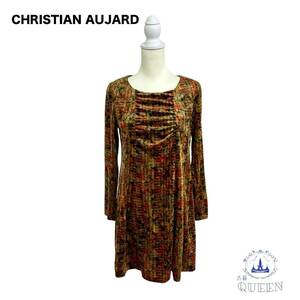 ☆美品 CHRISTIAN AUJARD クリスチャンオジャール ワンピース ひざ丈ワンピース 胸元タック 長袖 レディース 総柄 9T 日本製 a16